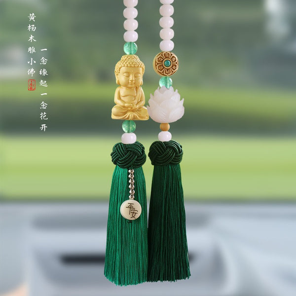 Handmade Artificial Jade-like White Bodhi Wood-like Car Pendant - Buddhist Guanyin\u002FBuddha Statue with Prayer Beads-like Tassel, Feng Shui Spiritual Amulet for Good Luck & Peace, Vehicle Ornament for, Trucks, Buses (Authentic