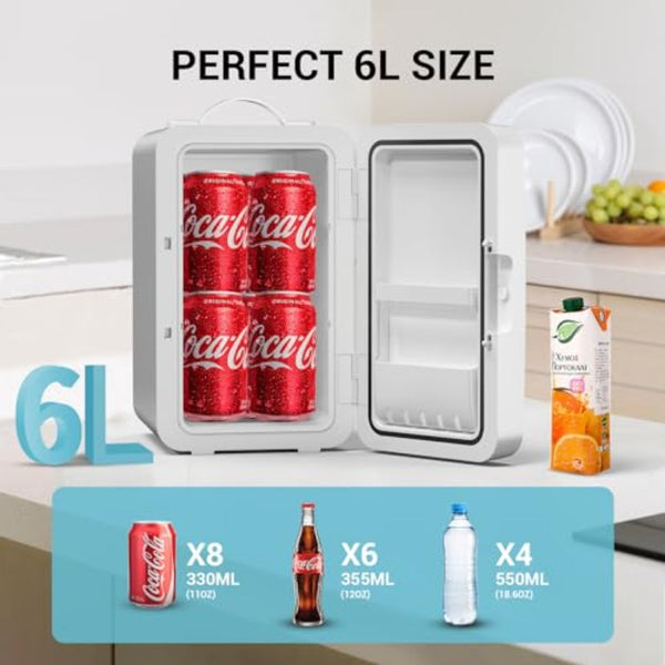 Compact Mini Fridge with 1.59gal\u002F8 Can Capacity - Portable Cooler and Warmer, 110V AC\u002F12V DC, Semiconductor Technology, for Bedroom, Office, Dorm, Car
