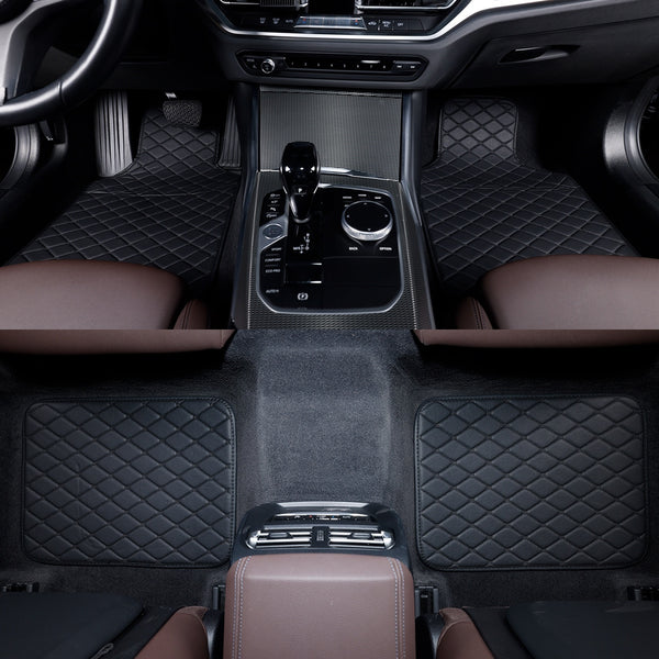 4pcs Luxury Faux Leather Car Floor Mats for Tesla Model 3\u002FY\u002FS\u002FX 2012-2025 - Complete Coverage, Thick Padding, Durable & Easy Clean, Fit, Black with Blue Diamond Pattern, Vehicle Interior Upgrade, Sleek Car Accessory, Easyclean Material