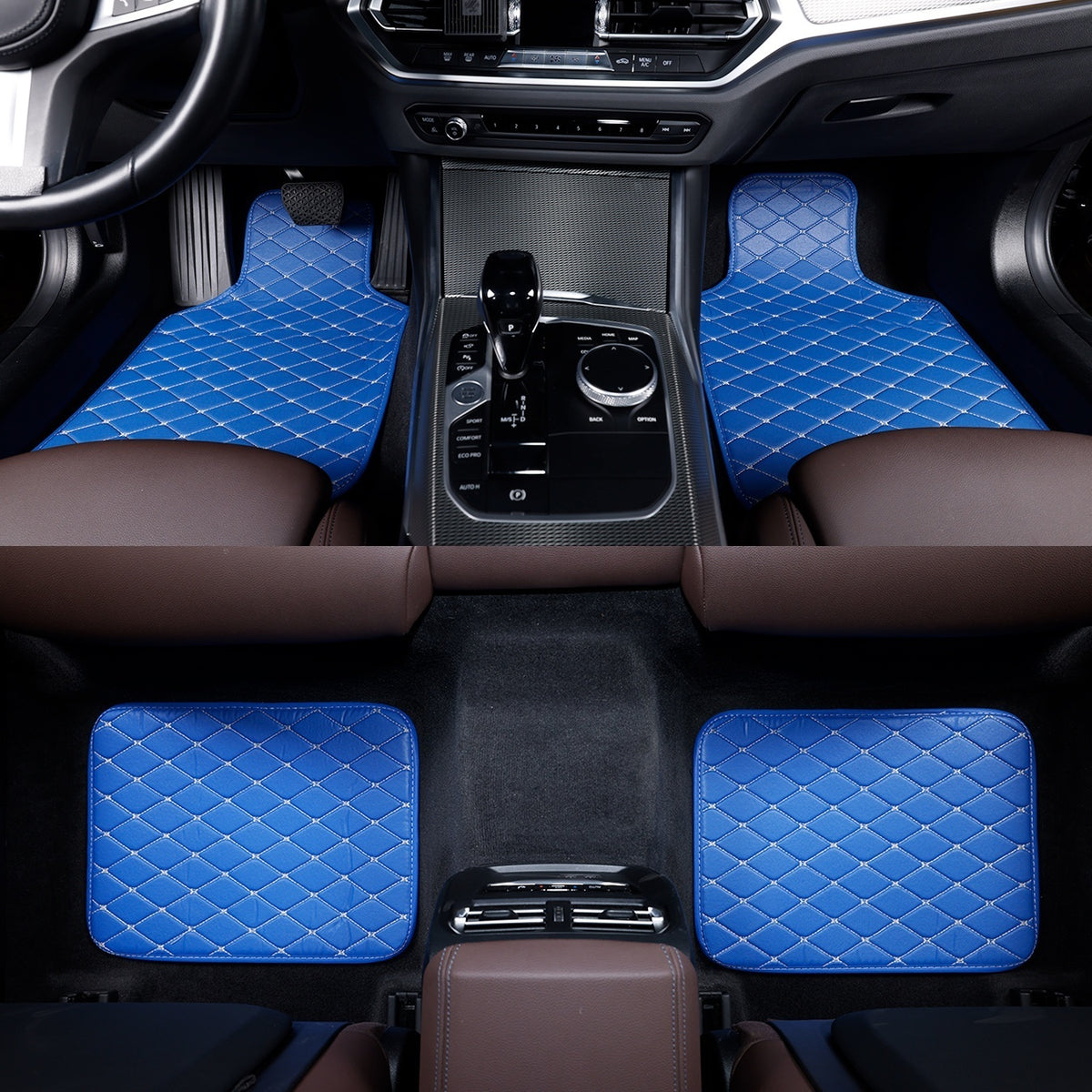 4pcs Luxury Faux Leather Car Floor Mats for Tesla Model 3\u002FY\u002FS\u002FX 2012-2025 - Complete Coverage, Thick Padding, Durable & Easy Clean, Fit, Black with Blue Diamond Pattern, Vehicle Interior Upgrade, Sleek Car Accessory, Easyclean Material
