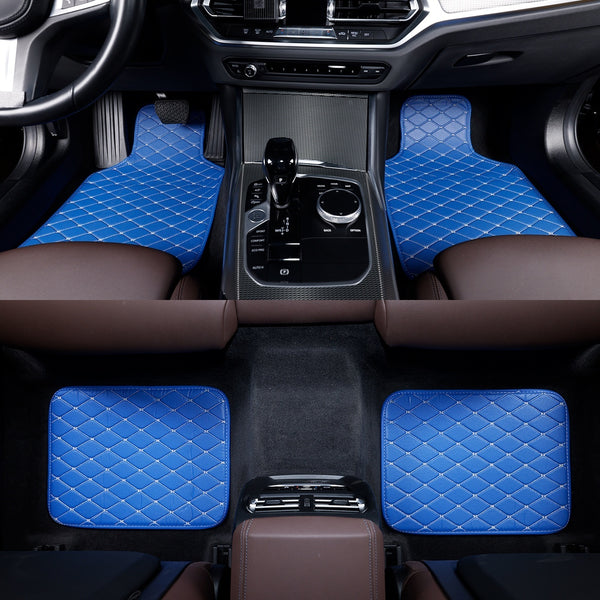 4pcs Luxury Faux Leather Car Floor Mats for Tesla Model 3\u002FY\u002FS\u002FX 2012-2025 - Complete Coverage, Thick Padding, Durable & Easy Clean, Fit, Black with Blue Diamond Pattern, Vehicle Interior Upgrade, Sleek Car Accessory, Easyclean Material