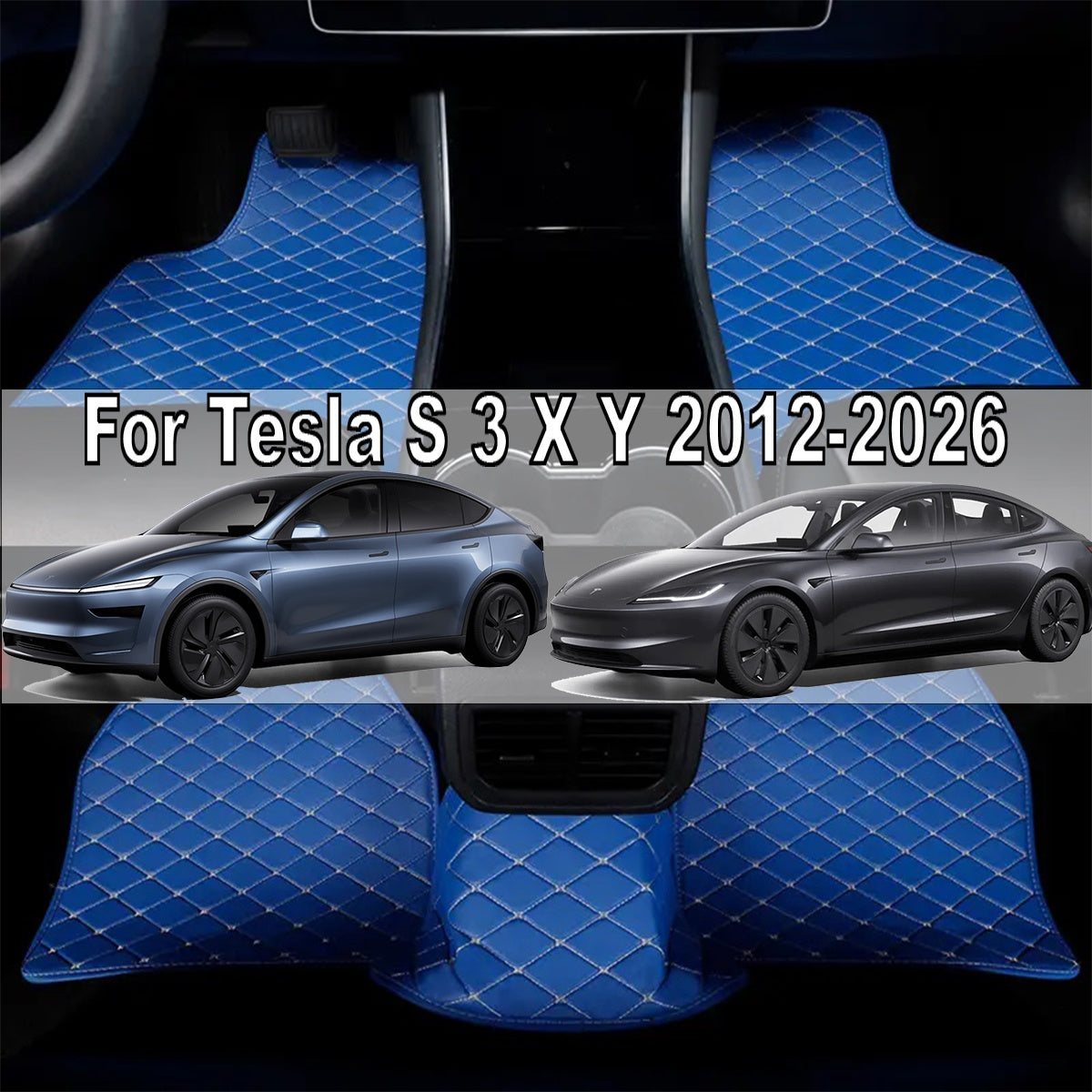 4pcs Luxury Faux Leather Car Floor Mats for Tesla Model 3\u002FY\u002FS\u002FX 2012-2025 - Complete Coverage, Thick Padding, Durable & Easy Clean, Fit, Black with Blue Diamond Pattern, Vehicle Interior Upgrade, Sleek Car Accessory, Easyclean Material