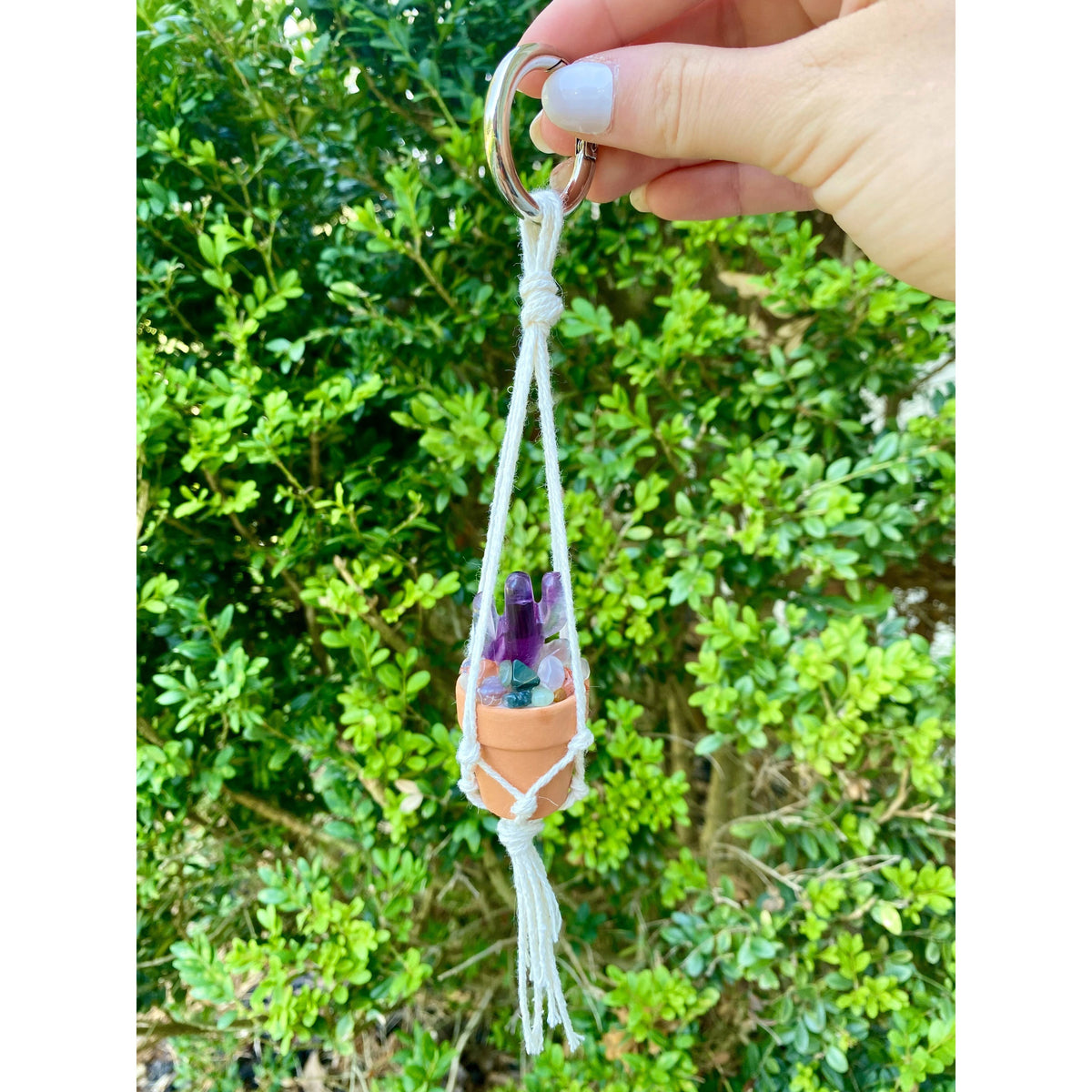 One Crystal Cactus Macramé Hanger| Rearview Mirror Decor| Crystal Carvings| Gemstones| Cactus Crystals| Terracotta Pots