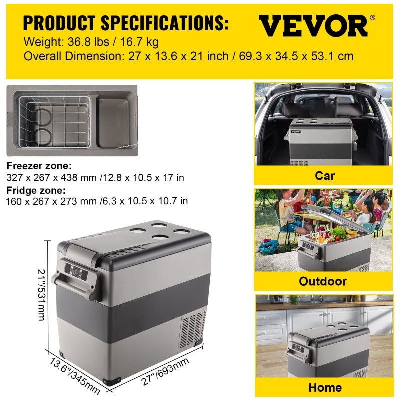 VEVOR 58 Quart 12\u002F24V DC & 110V AC Dual Zone Portable Refrigerator Freezer, 12V Car Fridge with Smart Cooling System, Low Noise & Fast Cooling, Control for RV, Camping, Home, Boat, Off-Grid Use (Compatible with 2A\u002F1.44A