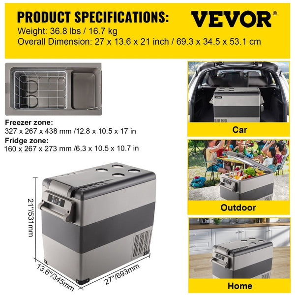 VEVOR 58 Quart 12\u002F24V DC & 110V AC Dual Zone Portable Refrigerator Freezer, 12V Car Fridge with Smart Cooling System, Low Noise & Fast Cooling, Control for RV, Camping, Home, Boat, Off-Grid Use (Compatible with 2A\u002F1.44A
