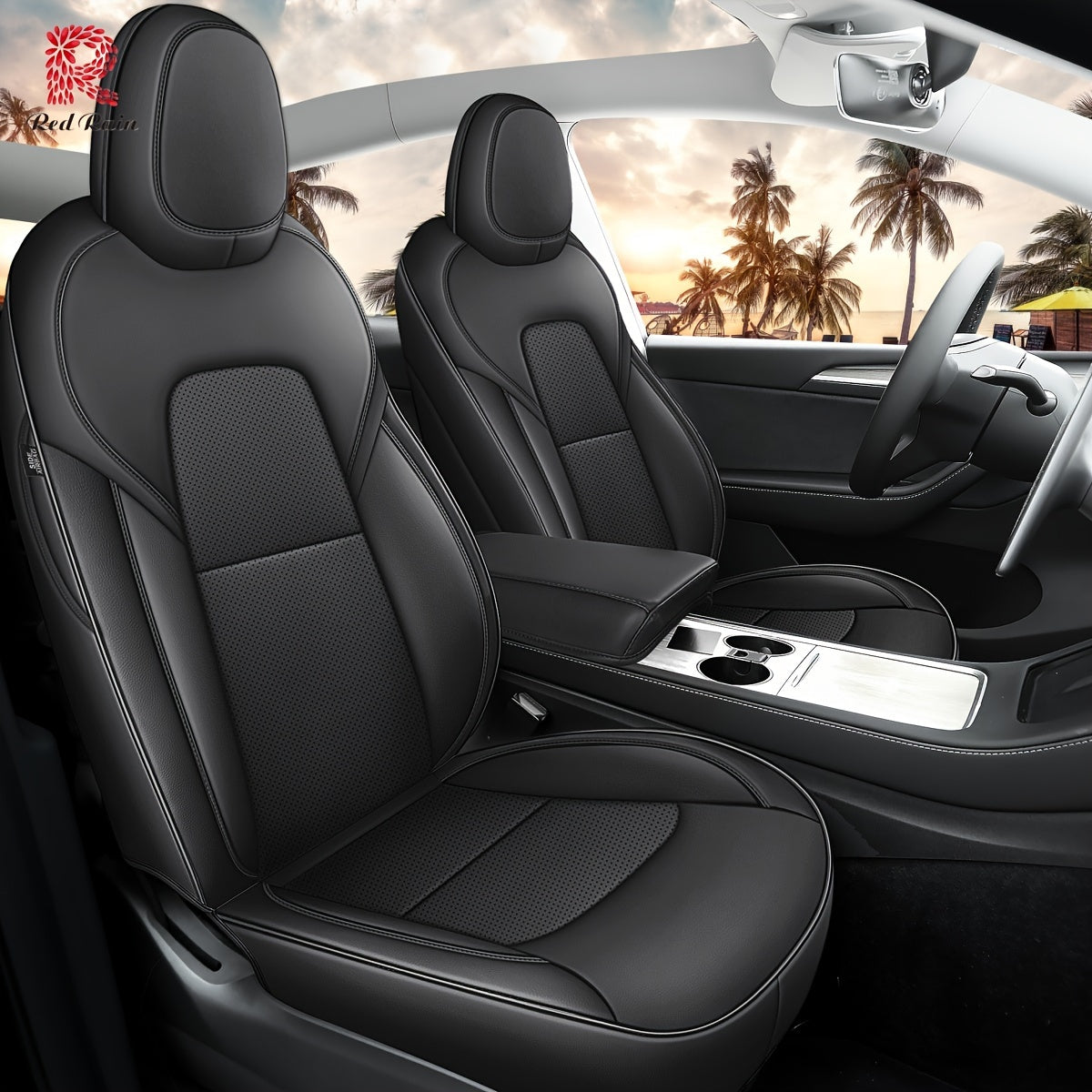 Red Rain Nappa  Car Seat Cover 5 Seats Car Seat Cover For Tesla ModelY 2020-2024\u002F2025(Doesn't Fit Tesla Model Y 7 Seats)