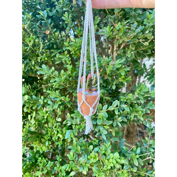 One Crystal Cactus Macramé Hanger| Rearview Mirror Decor| Crystal Carvings| Gemstones| Cactus Crystals| Terracotta Pots