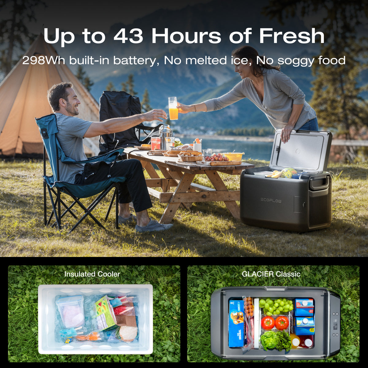 EcoFlow PicnicMat and GLACIER Classic 35L Portable Fridge Freezer with Extra Battery (Separate Shipment), 43H Cooling Car Refrigerator, Battery Powered with App Control, 6 Charging Options, Fast&Quiet Electric Cooler for Camping, RV