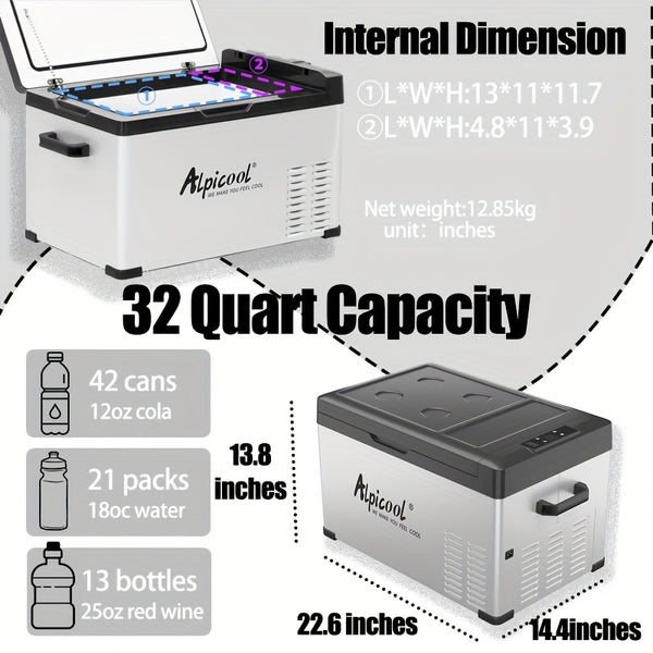 Alpicool C30 Portable Car Freezer, 12 Volt Refrigerator, 32 Quart (30 Liter) Fast Cooling 12V Car Fridge, Car Cooler for RV, Truck, Camping, Outdoor -12\u002F24V DC and 100-240V AC