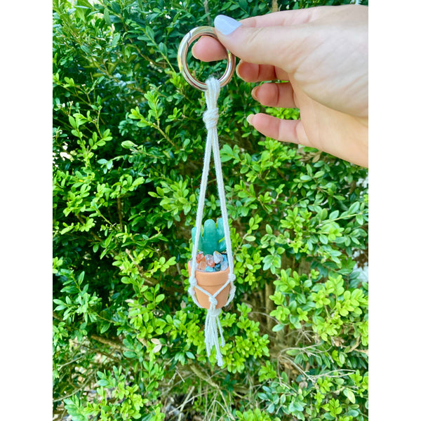 One Crystal Cactus Macramé Hanger| Rearview Mirror Decor| Crystal Carvings| Gemstones| Cactus Crystals| Terracotta Pots