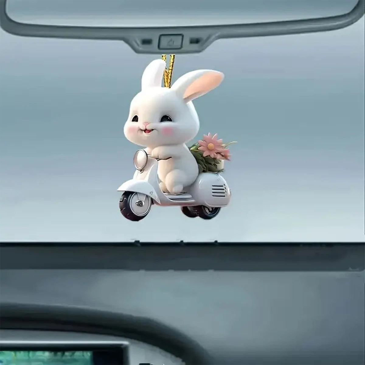 Easter Bunny Hanging Ornaments Cute Rabbit Riding An Electric Bike Car Rearview Mirror Charms Interior Decorations