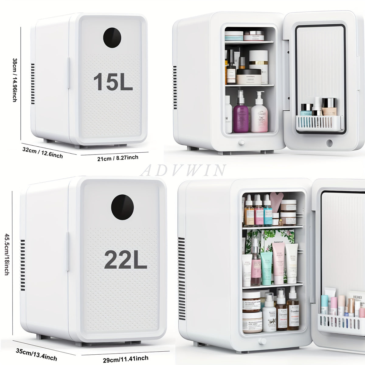 ADVWIN 15L\u002F22L(15.8QT\u002F23.3QT) Mini Fridge for Bedroom - Car, Office Desk & College Dorm Room - 12V Portable Cooler & Warmer for Food, Drinks, Skincare, Beauty & Makeup - AC\u002FDC Small Refrigerator with Glass Front