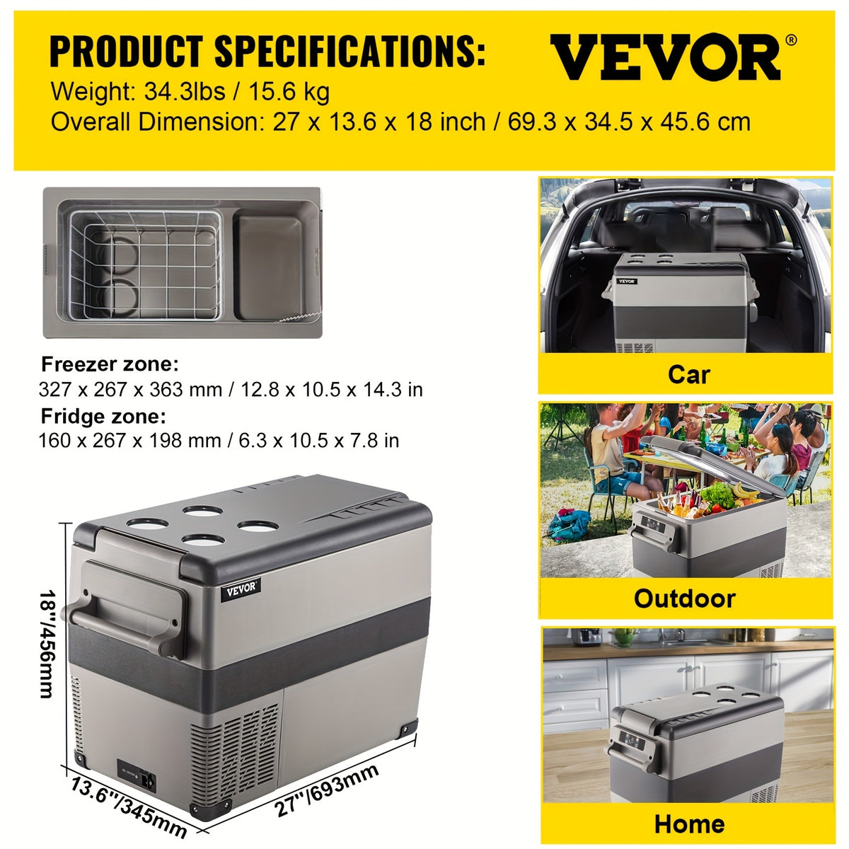 VEVOR 12 Volt Refrigerator 11.89gal(48qt) Fast Cooling Portable Freezer With App Control Car Fridge With 12\u002F24v DC & 110-240v AC For Travel, Camping And Home Use, 48 Quart, Black