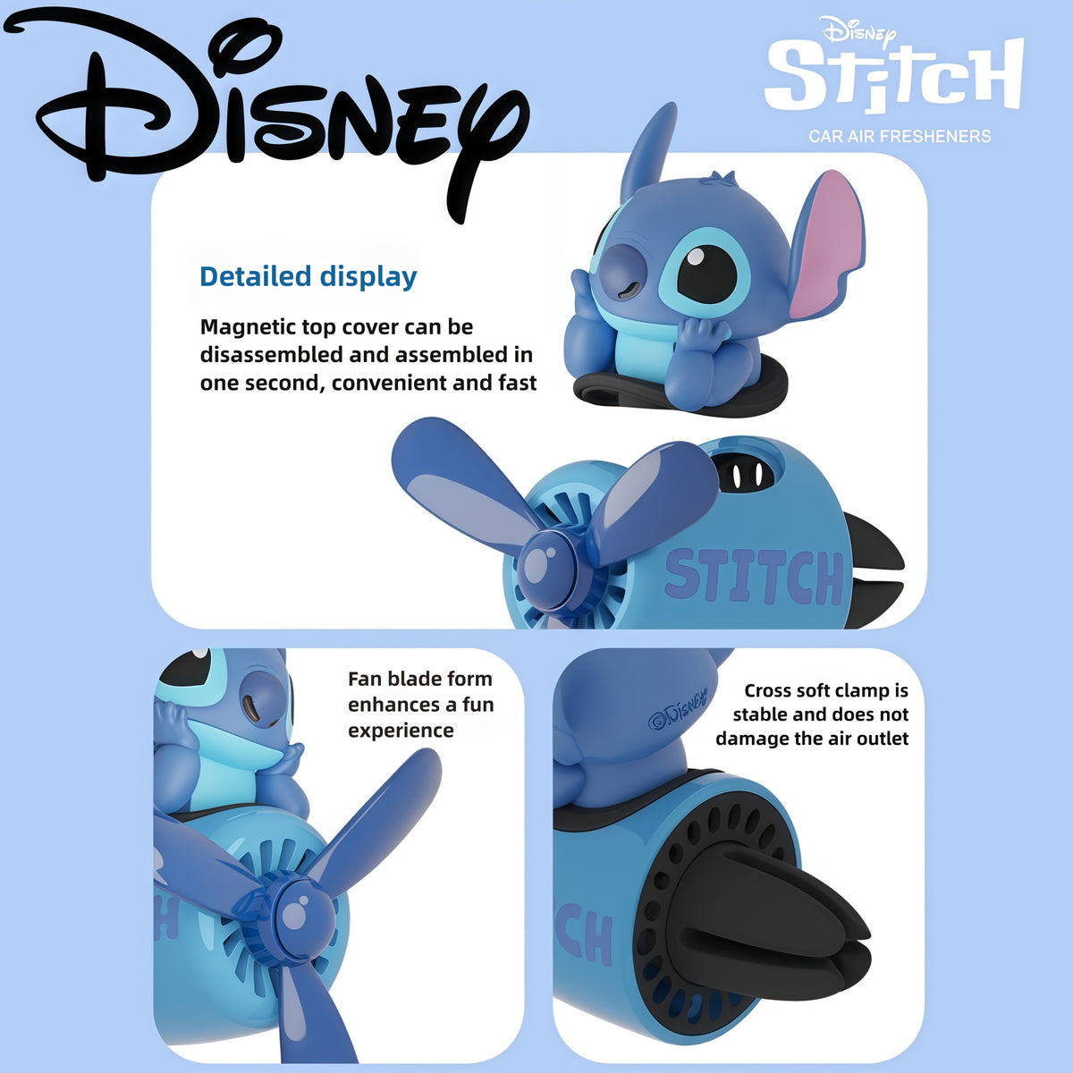 Stitch Stitch Car Upgrader & Fan - Blue Aliens Design, No Battery Required, Perfect For Car AC Fans, Ideal Gift For Family & Fans, Car Upgrader | Fun Accessories | Durable Plastic, Stitch Accessories
