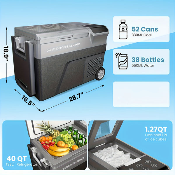 12 Volt Car Refrigerator with Ice Maker, 40QT Car Compressor Cooler with Wheels, Portable Refrigerator -4F-68F with AC\u002F DC Charger, Car Freezer for Travel, Home, Camping, Outdoor (no Battery), Car Fridge Freezer, Portable Car Refrigerator, Refrigerat