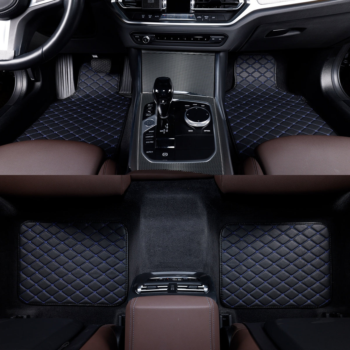 4pcs Luxury Faux Leather Car Floor Mats for Tesla Model 3\u002FY\u002FS\u002FX 2012-2025 - Complete Coverage, Thick Padding, Durable & Easy Clean, Fit, Black with Blue Diamond Pattern, Vehicle Interior Upgrade, Sleek Car Accessory, Easyclean Material