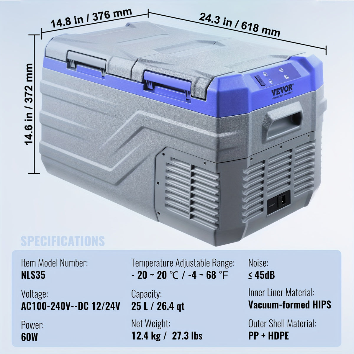 Wheelerless Car Refrigerator 9.25gal Double Door Dual Zone Dual Temperature Control No Pull Trolley NLS35 No American Plug 110V