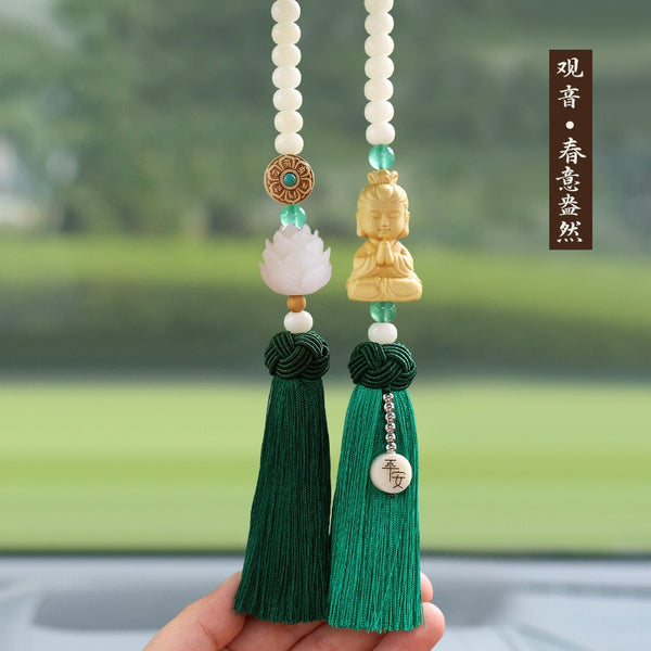 Handmade Artificial Jade-like White Bodhi Wood-like Car Pendant - Buddhist Guanyin\u002FBuddha Statue with Prayer Beads-like Tassel, Feng Shui Spiritual Amulet for Good Luck & Peace, Vehicle Ornament for, Trucks, Buses (Authentic
