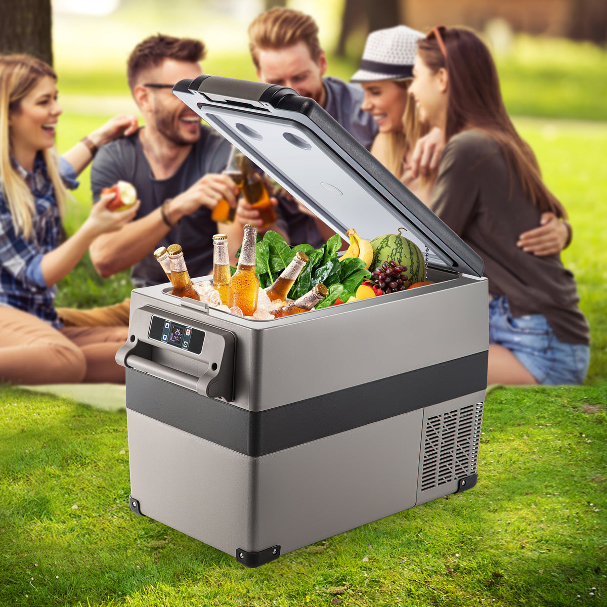 HAPPYBUY 11.89gal Compact Car Refrigerator - 110V 5.55-26.42gal, Square Design with Multiple Compartments, USB Charging Port & Power Window, Durable for Vehicle Storage, Car Refrigerator, Vehicle Cooling Solution, Modern Car Accessory, Efficient Cooling S