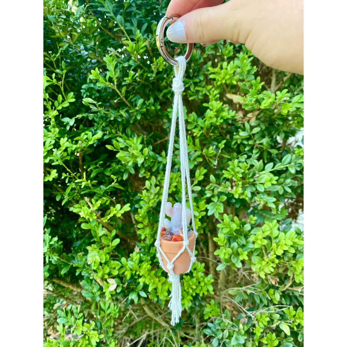 One Crystal Cactus Macramé Hanger| Rearview Mirror Decor| Crystal Carvings| Gemstones| Cactus Crystals| Terracotta Pots