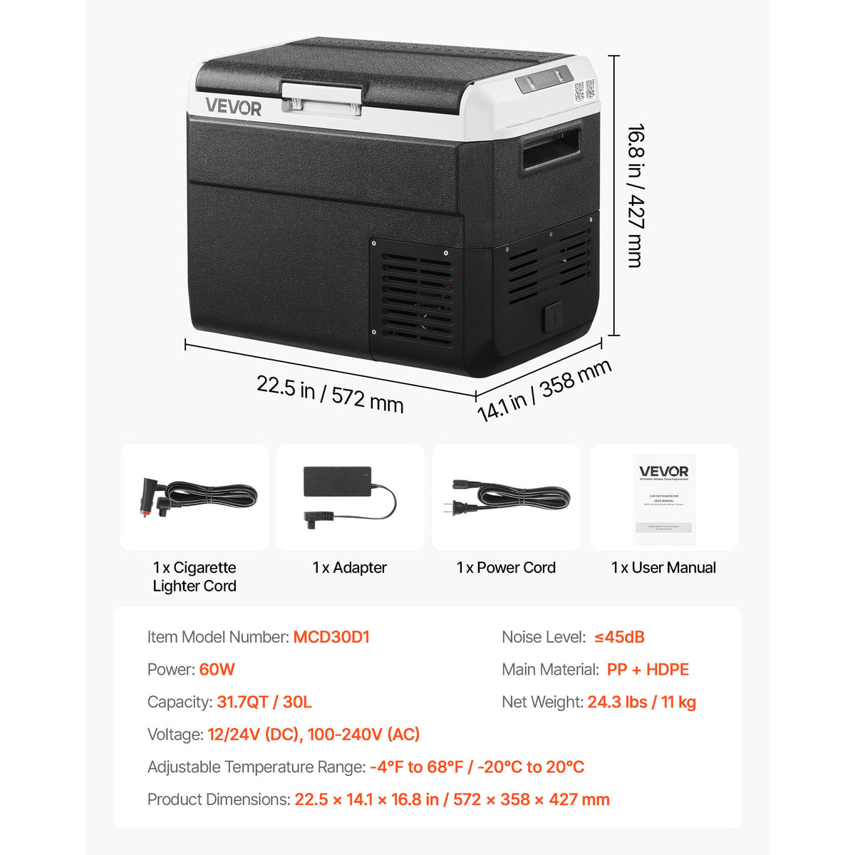 VEVOR 12 Volt Car Refrigerator Portable Freezer 31.7QT Electric Cooler for Camping 25L\u002F30L\u002F40L\u002F50L