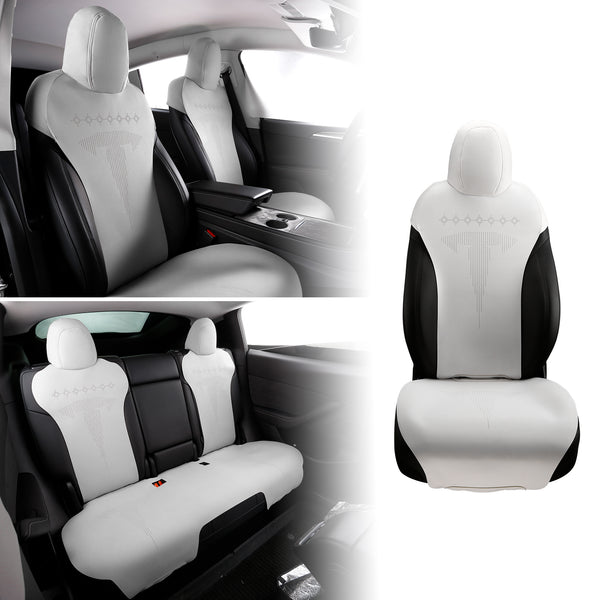 Seat Cover Cushions For Tesla For Model 3 2017-2023, Breathable Easy Clean Suede Leather Driver Seat Cushion Protector Cover (Front + Second Row, White, V2 Style)