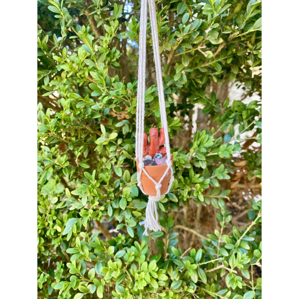 One Crystal Cactus Macramé Hanger| Rearview Mirror Decor| Crystal Carvings| Gemstones| Cactus Crystals| Terracotta Pots