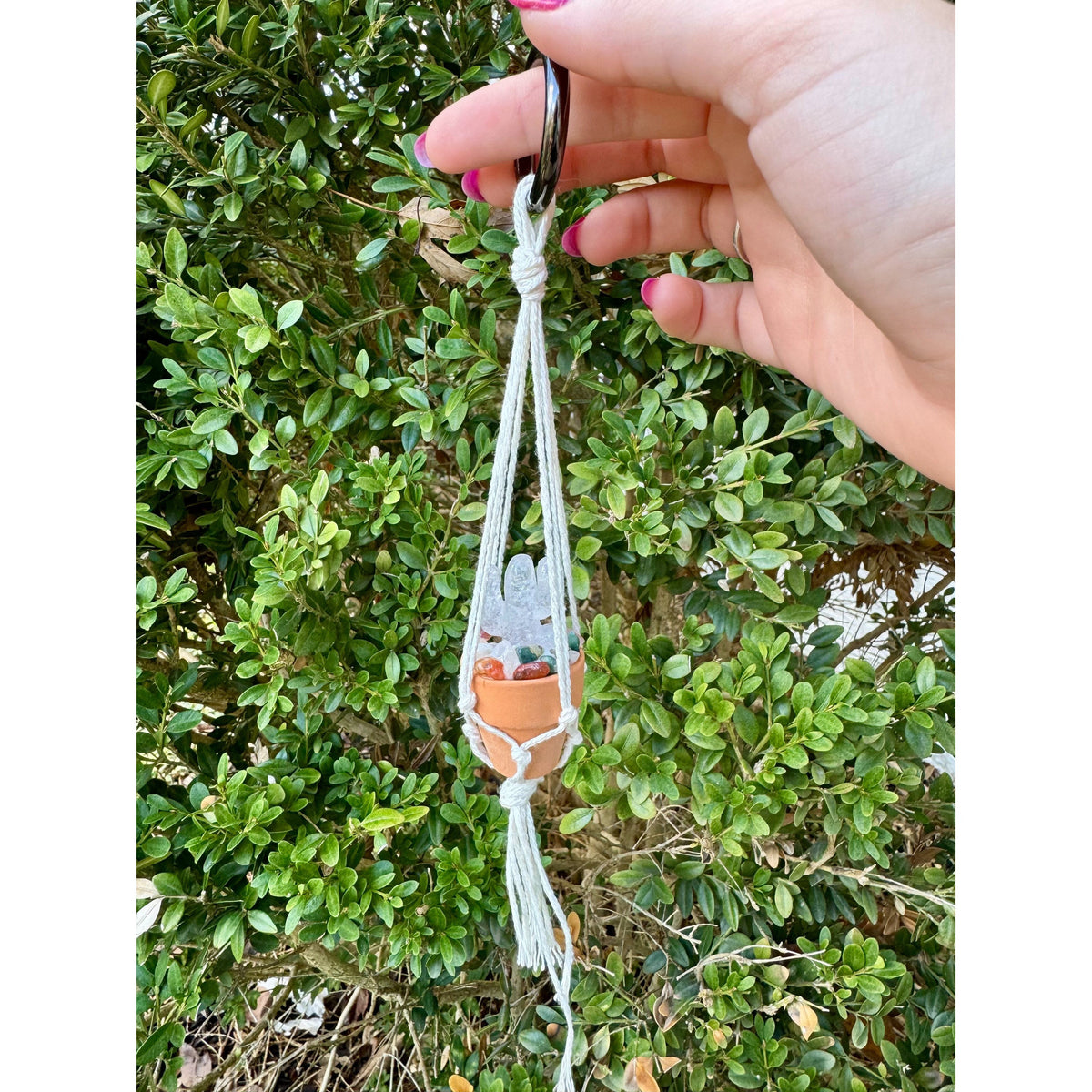 One Crystal Cactus Macramé Hanger| Rearview Mirror Decor| Crystal Carvings| Gemstones| Cactus Crystals| Terracotta Pots