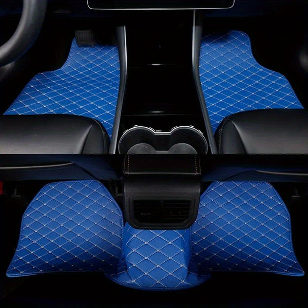 4pcs Luxury Faux Leather Car Floor Mats for Tesla Model 3\u002FY\u002FS\u002FX 2012-2025 - Complete Coverage, Thick Padding, Durable & Easy Clean, Fit, Black with Blue Diamond Pattern, Vehicle Interior Upgrade, Sleek Car Accessory, Easyclean Material