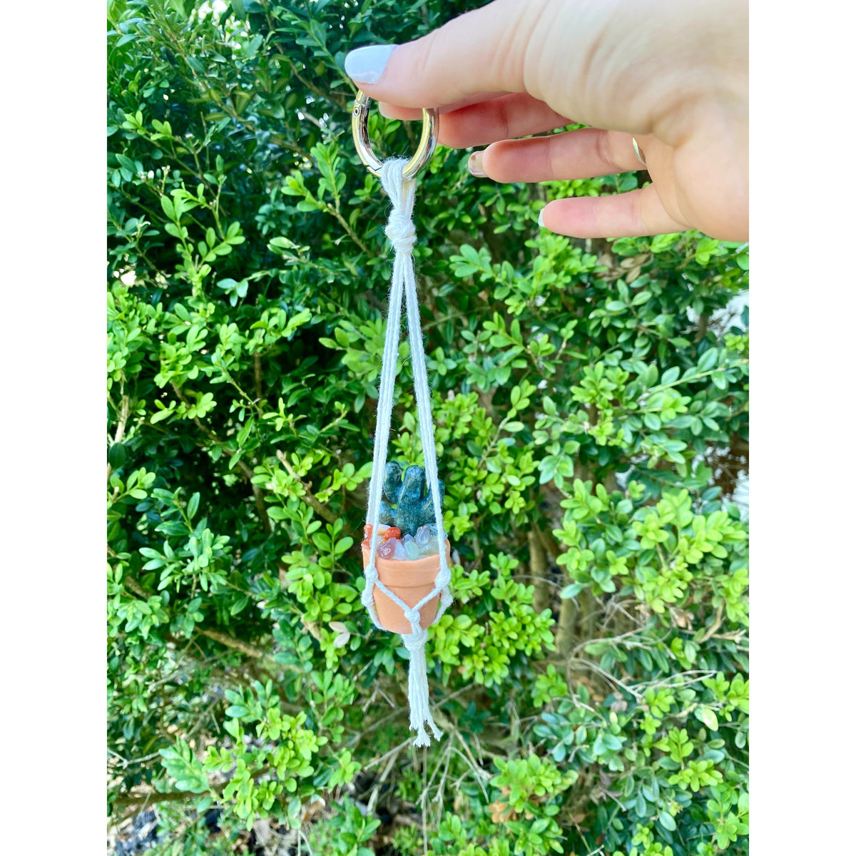 One Crystal Cactus Macramé Hanger| Rearview Mirror Decor| Crystal Carvings| Gemstones| Cactus Crystals| Terracotta Pots