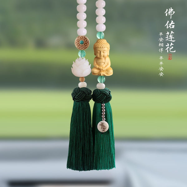 Handmade Artificial Jade-like White Bodhi Wood-like Car Pendant - Buddhist Guanyin\u002FBuddha Statue with Prayer Beads-like Tassel, Feng Shui Spiritual Amulet for Good Luck & Peace, Vehicle Ornament for, Trucks, Buses (Authentic