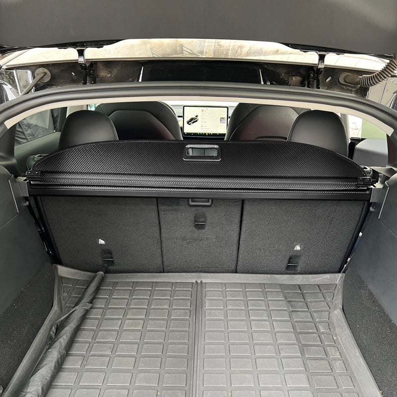 Rear Cargo Cover For Tesla For Model Y 2020-2022, Retractable Rear Trunk Security Cargo Cover Black PVC & Aluminum Alloy CF Texture Style