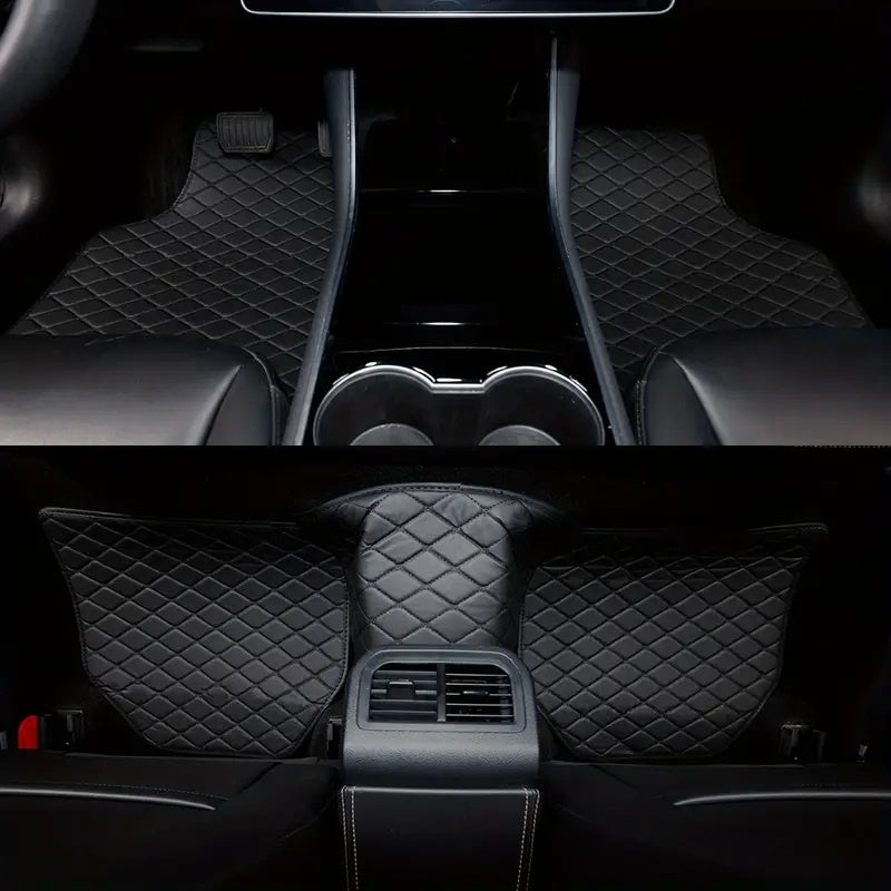 4pcs Luxury Faux Leather Car Floor Mats for Tesla Model 3\u002FY\u002FS\u002FX 2012-2025 - Complete Coverage, Thick Padding, Durable & Easy Clean, Fit, Black with Blue Diamond Pattern, Vehicle Interior Upgrade, Sleek Car Accessory, Easyclean Material