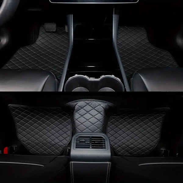 4pcs Luxury Faux Leather Car Floor Mats for Tesla Model 3\u002FY\u002FS\u002FX 2012-2025 - Complete Coverage, Thick Padding, Durable & Easy Clean, Fit, Black with Blue Diamond Pattern, Vehicle Interior Upgrade, Sleek Car Accessory, Easyclean Material
