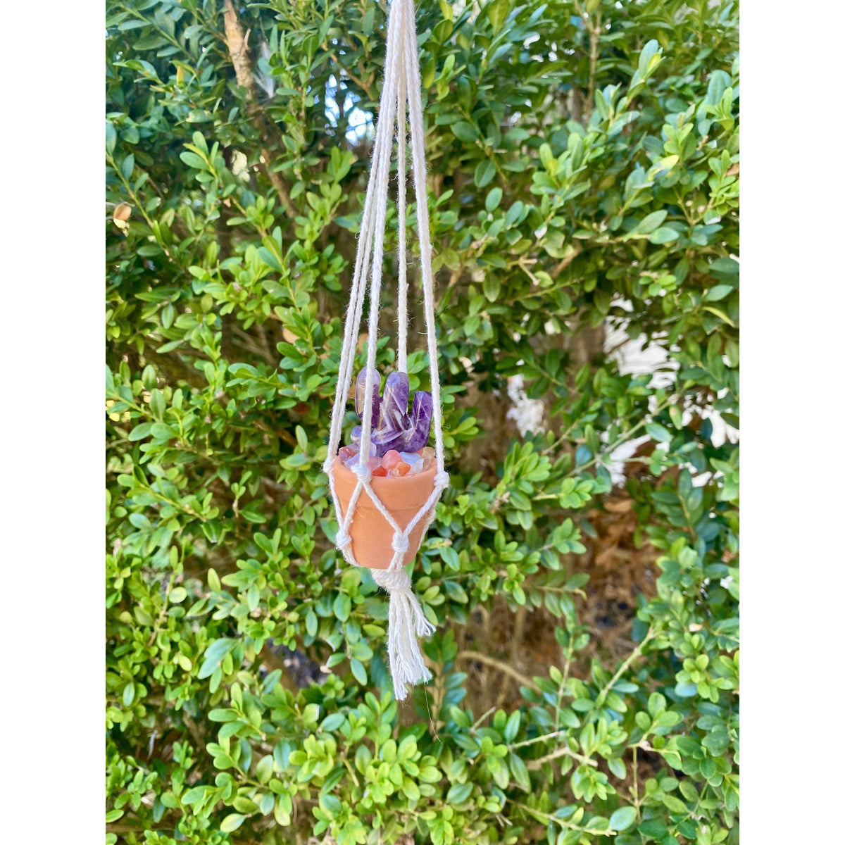 One Crystal Cactus Macramé Hanger| Rearview Mirror Decor| Crystal Carvings| Gemstones| Cactus Crystals| Terracotta Pots