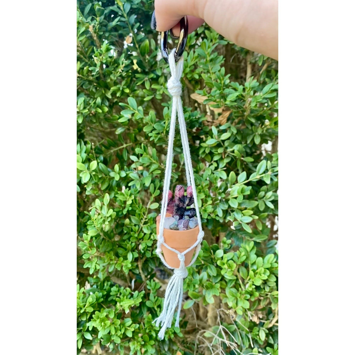 One Crystal Cactus Macramé Hanger| Rearview Mirror Decor| Crystal Carvings| Gemstones| Cactus Crystals| Terracotta Pots