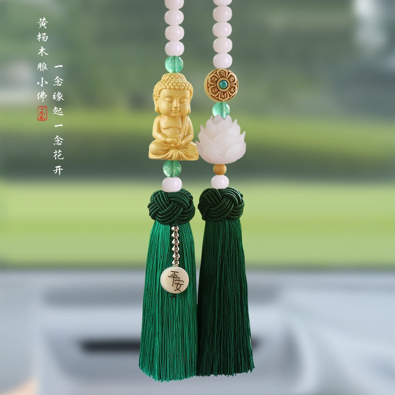 Handmade Artificial Jade-like White Bodhi Wood-like Car Pendant - Buddhist Guanyin\u002FBuddha Statue with Prayer Beads-like Tassel, Feng Shui Spiritual Amulet for Good Luck & Peace, Vehicle Ornament for, Trucks, Buses (Authentic