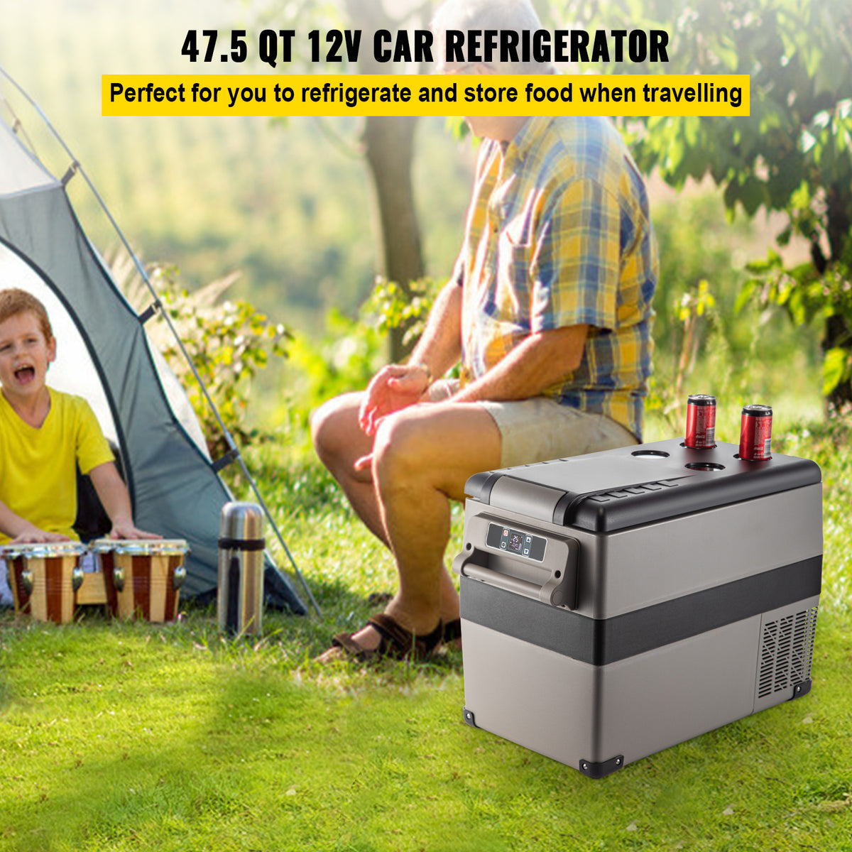 HAPPYBUY 11.89gal Compact Car Refrigerator - 110V 5.55-26.42gal, Square Design with Multiple Compartments, USB Charging Port & Power Window, Durable for Vehicle Storage, Car Refrigerator, Vehicle Cooling Solution, Modern Car Accessory, Efficient Cooling S