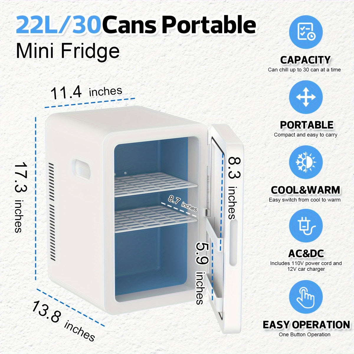 ADVWIN 5.81gal Mini Fridge, 12v DC Portable Cooler Warmer, Mini Refrigerator with Glass Front, for Car Office Desk & Dorm Food Beverage Skincare