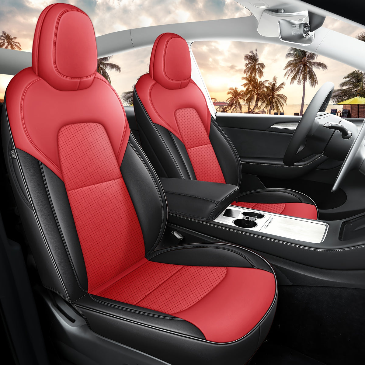 Red Rain Nappa  Car Seat Cover 5 Seats Car Seat Cover For Tesla ModelY 2020-2024\u002F2025(Doesn't Fit Tesla Model Y 7 Seats)