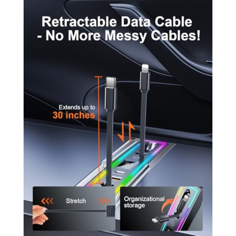 Tesla USB Hub for Model 3 Highland 20242025 Model Y Juniper 2026 with RGB Light 4Port Docking Station Tesla Gifts Men Tesla Phone Charger Charging Hub Center Console Organizer Accessories