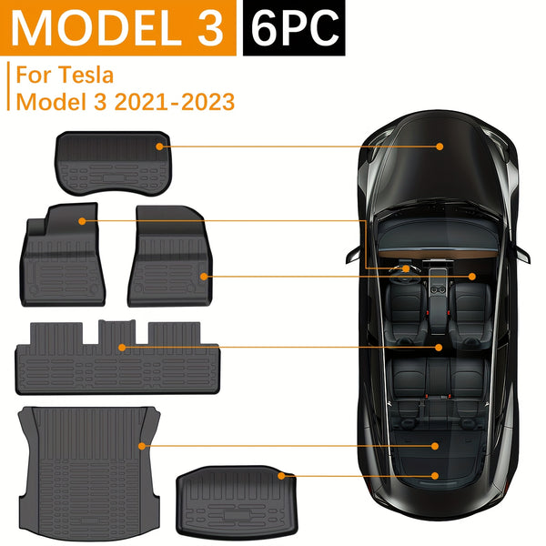 5D Car Mat (6pcs Set), Material: TPE, Including: Floor Mats+front Compartment+rear Compartment+trunk Mat, Model: for Tesla Model 3 2021-2024