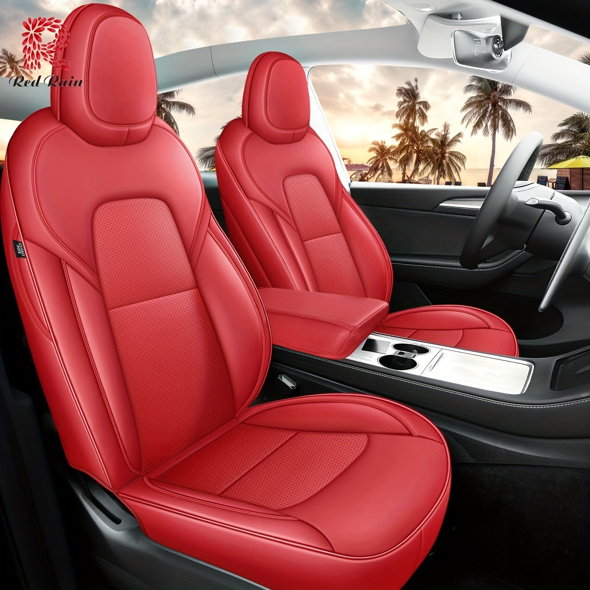 Red Rain Nappa  Car Seat Cover 5 Seats Car Seat Cover For Tesla ModelY 2020-2024\u002F2025(Doesn't Fit Tesla Model Y 7 Seats)