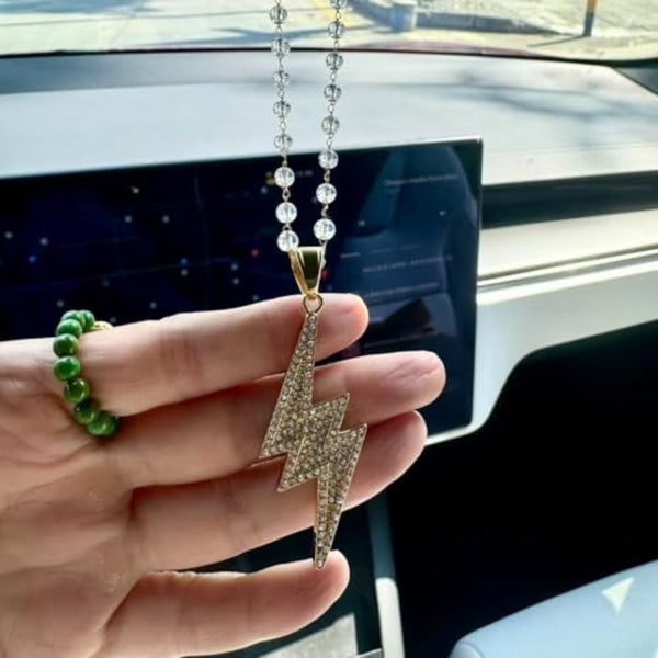 Bling Golden Lightning Bolt Rhinestone Pendant for Car Interior Rearview Mirror, Hanging Charm Ornament Bedazzled Accessories