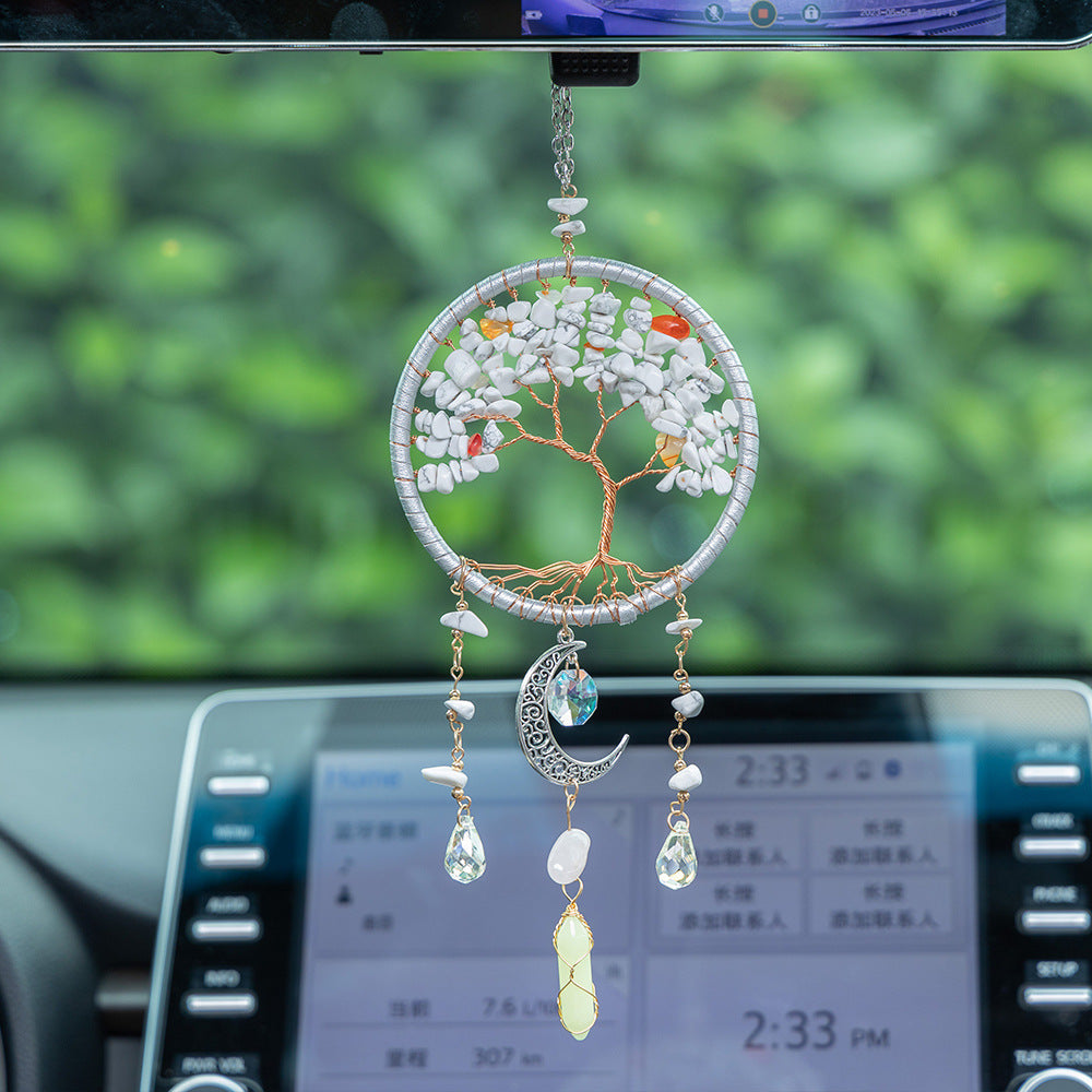 1pc Tree of Life White Stone Hanging Ornament with Moon and Crescent Charms, Energy Healing Car Pendant, Rearview Mirror Decor, Home & Window Decoration, Christmas Gift