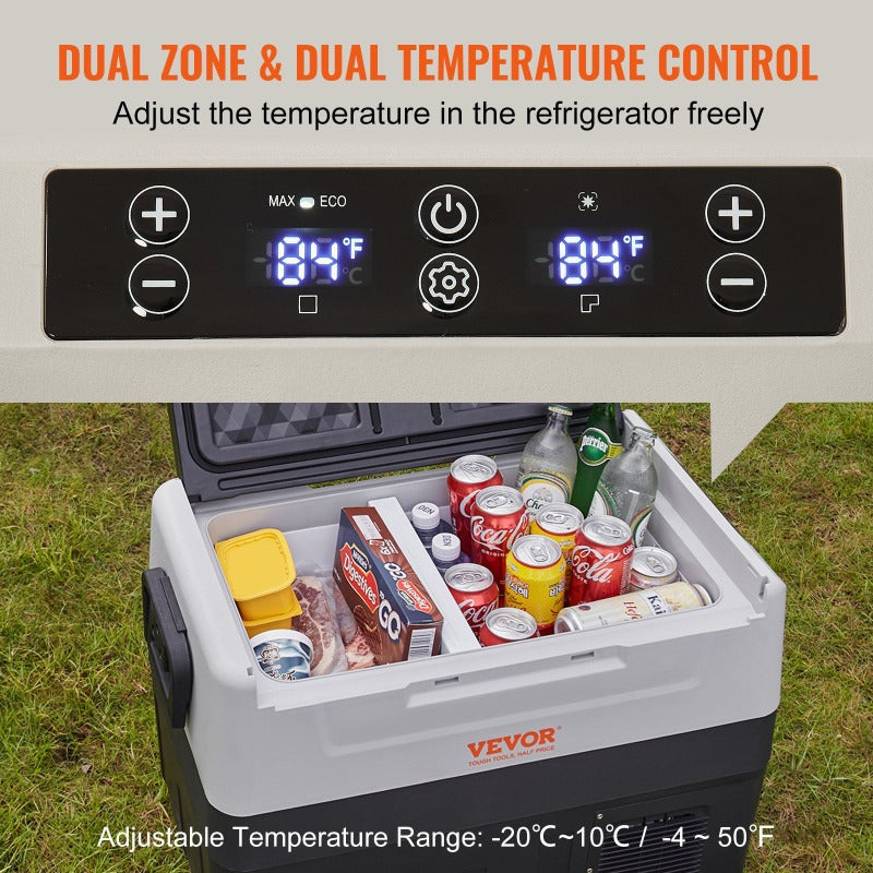 VEVOR Car Refrigerator 12 Volt Car Refrigerator Fridge 48 QT 11.89gal Dual Zone Portable Freezer 4F50F Adjustable Range 12 24V DC and 100240V AC Compressor Cooler for Outdoor Camping Travel RV, Camping Refrigerator, Sleek Design, Compact Fridge