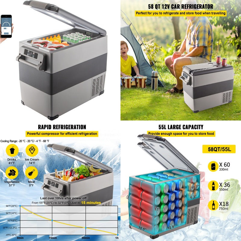 VEVOR 58 Quart 12\u002F24V DC & 110V AC Dual Zone Portable Refrigerator Freezer, 12V Car Fridge with Smart Cooling System, Low Noise & Fast Cooling, Control for RV, Camping, Home, Boat, Off-Grid Use (Compatible with 2A\u002F1.44A