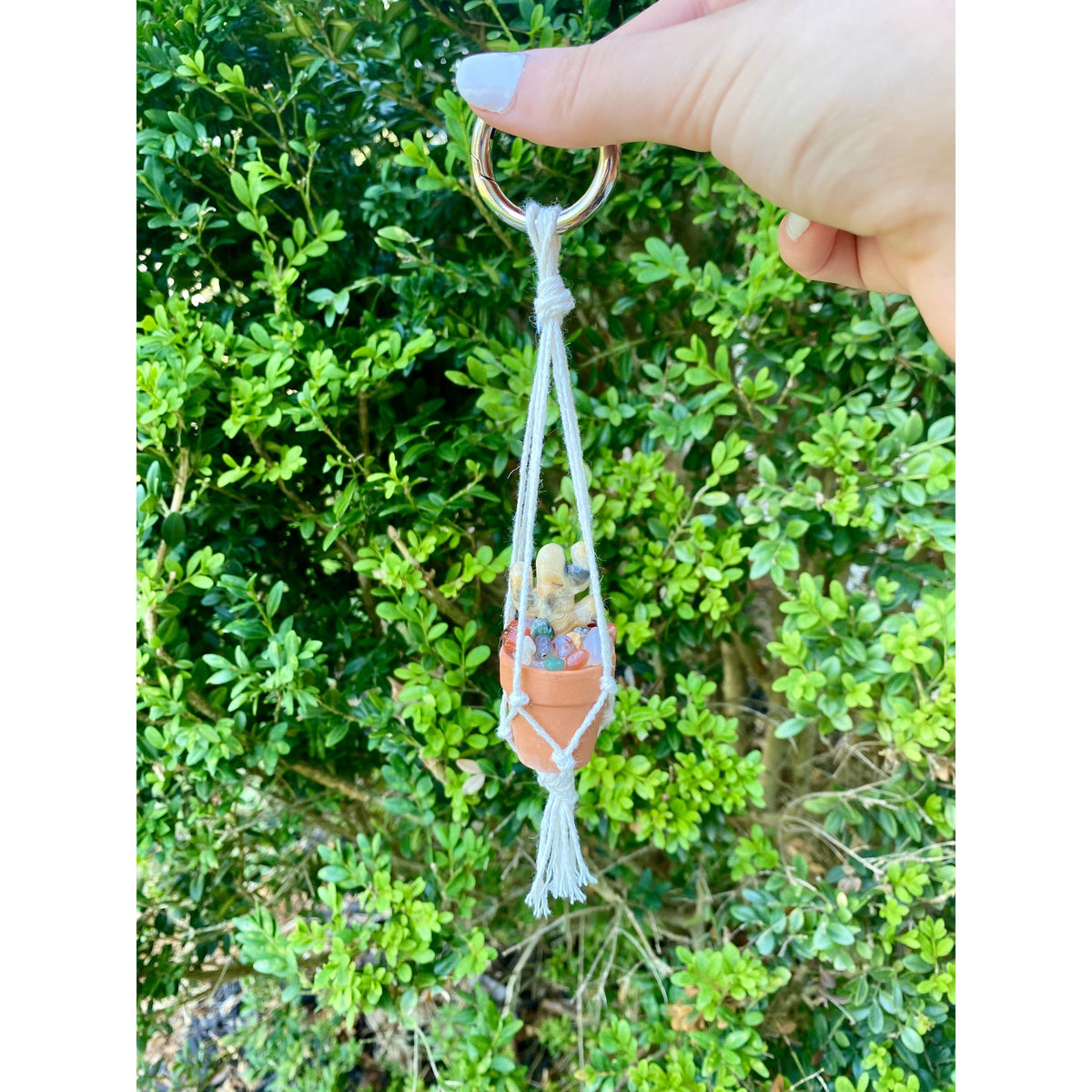 One Crystal Cactus Macramé Hanger| Rearview Mirror Decor| Crystal Carvings| Gemstones| Cactus Crystals| Terracotta Pots