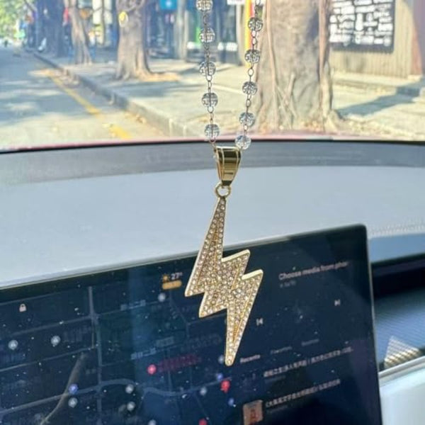 Bling Golden Lightning Bolt Rhinestone Pendant for Car Interior Rearview Mirror, Hanging Charm Ornament Bedazzled Accessories
