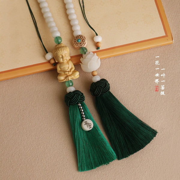 Handmade Artificial Jade-like White Bodhi Wood-like Car Pendant - Buddhist Guanyin\u002FBuddha Statue with Prayer Beads-like Tassel, Feng Shui Spiritual Amulet for Good Luck & Peace, Vehicle Ornament for, Trucks, Buses (Authentic